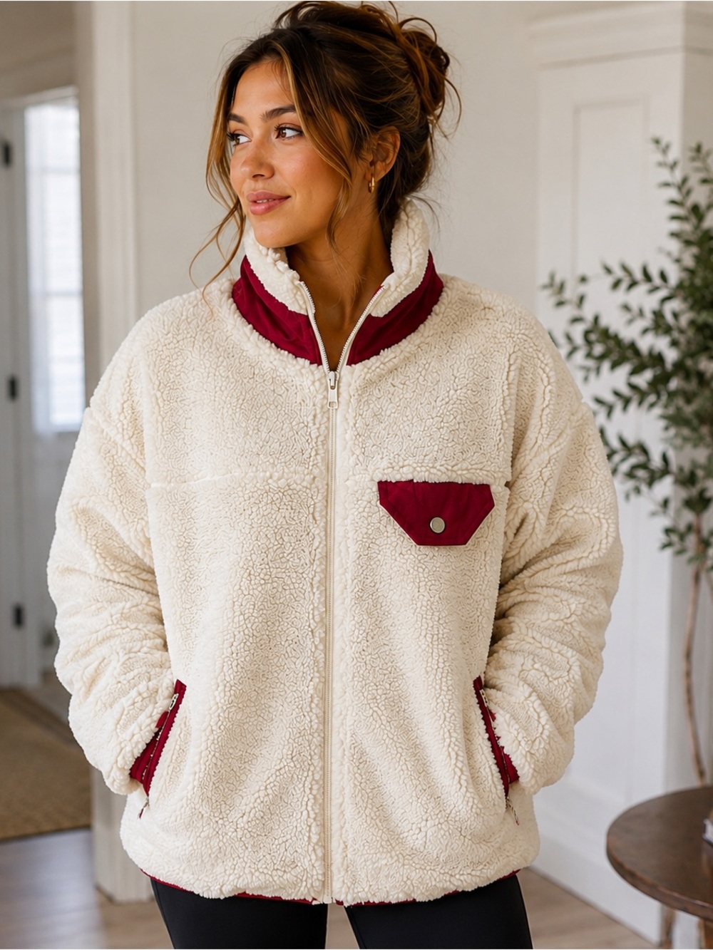 Wondery XXL Sherpa Fleece Jacket Cream Red Full Zip Oversized Outdoor Cozy